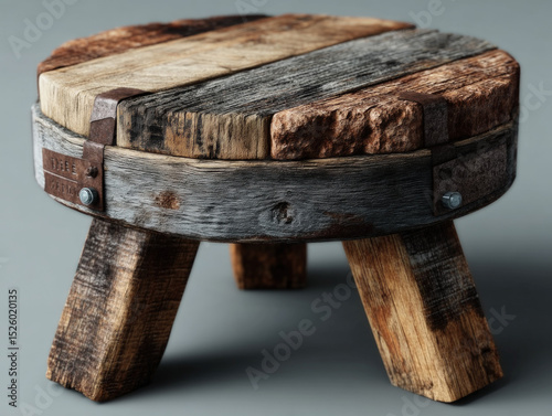 A rustic three-legged stool made of wood