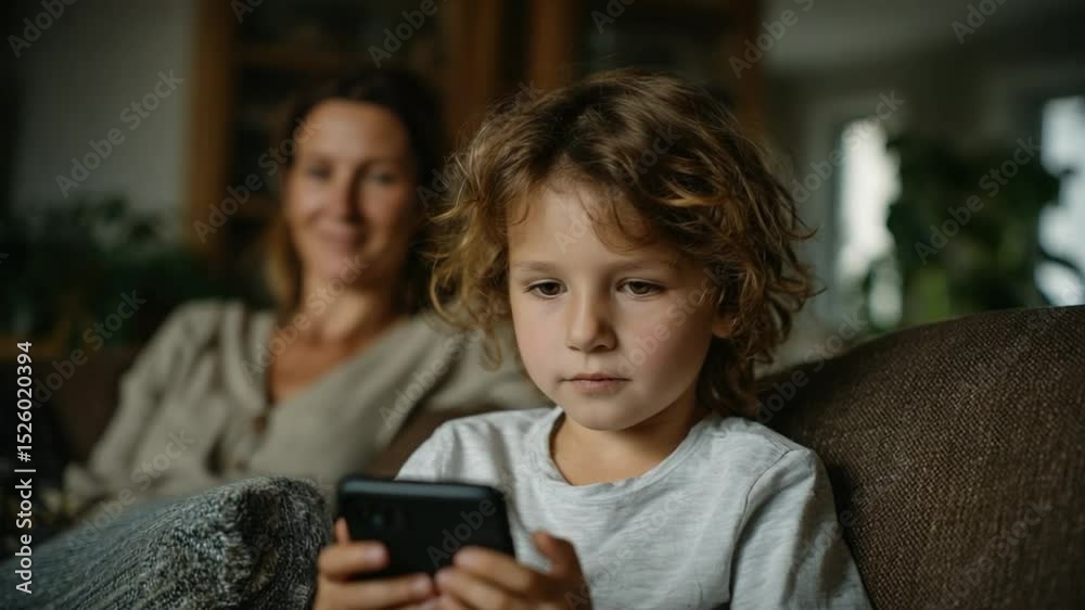 Focused Engagement: A young child intently engrossed in a smartphone's digital world, with a blurred-out parent watching from the background, creates a unique snapshot of modern lifestyle. Focused Engagement: A young child intently engrossed in a smartphone's digital world, with a blurred-out parent watching from the background, creates a unique snapshot of modern lifestyle.