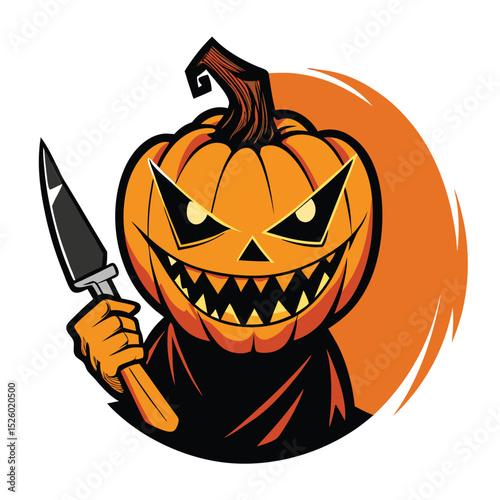 Cartoon Halloween Pumpkin Character Holding Knife with Menacing Eyes and Jagged Teeth Grin