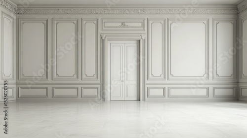 Luxurious white empty room with ornate wall paneling and polished floor.