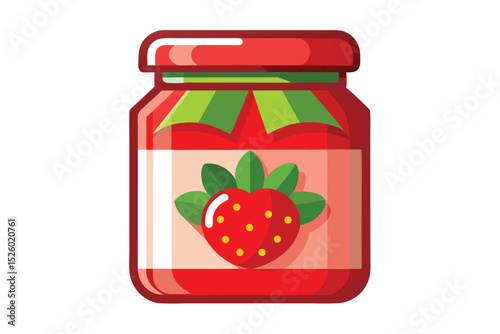 Cartoon Illustration of a Jar of Strawberry Jam with Strawberry Label and Red Lid