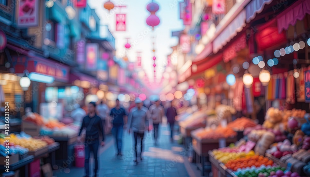 Fototapeta premium Blurred view of a bustling Asian marketplace.