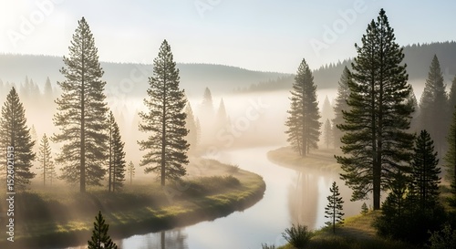 Misty Morning River in a Pine Forest: A Serene Landscape