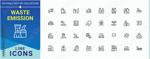 Set of Waste Emission line icon. Featuring dust, smoke, dirty, damage, eco and more. Pollution line icon set. Line icons with editable stroke. Editable stroke. Vector illustration.