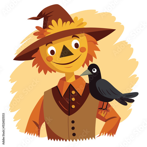 Cartoon Scarecrow with Brown Hat and Black Crow Perched on Shoulder Illustration