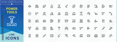 Power Tools modern icon set. Modern linear icons. Editable stroke. Vector illustration. Repair icon set. Containing machine, industrial, power, industry, construction and more.