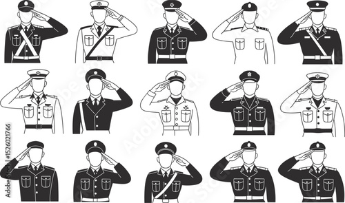 Vector illustration of military officers saluting in various uniforms, formal army pose, armed forces respect concept, patriotic duty representation artwork