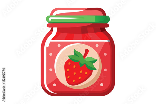 Cartoon Strawberry Jam Jar with Green Lid, Red Filling, and Simple Design on White