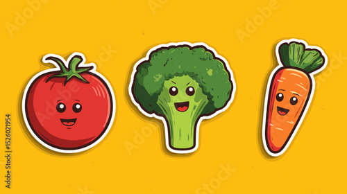 Cartoon vegetables with cheerful expressions on a bright yellow background showcase healthy eating and nutrition