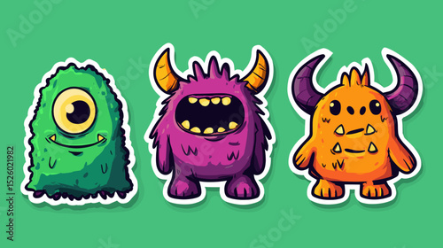 Colorful monster stickers featuring a green creature, a purple beast with horns, and an orange monster on a bright green background
