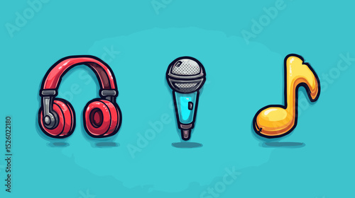 Colorful audio elements including headphones, microphone, and musical note on bright background