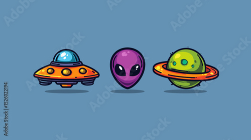 Colorful alien characters and spacecraft displayed against a blue background create a whimsical, imaginative atmosphere suitable for a fun setting