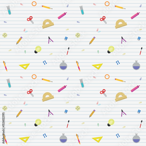 Seamless pattern with school themed supplies on a notebook strip background. Includes pencils, rulers, scissors, calculator, paints, globe and more. Perfect for education and stationery design.