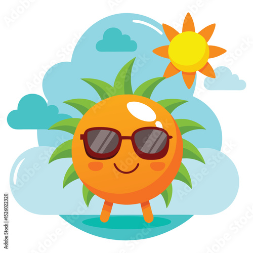 Cartoon Sun Character Wearing Sunglasses with Clouds and Another Sun in Background
