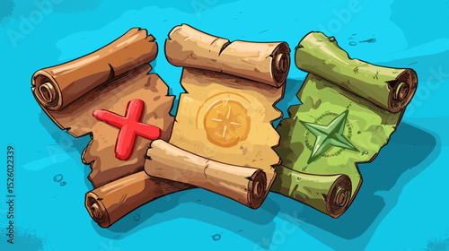 Treasure maps with symbols displayed on vibrant blue background highlighting adventure and exploration