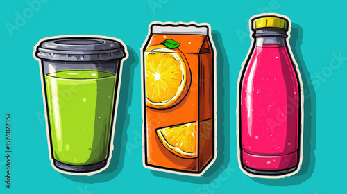 Colorful assortment of refreshing drinks including smoothie, juice carton, and soda bottle on bright background