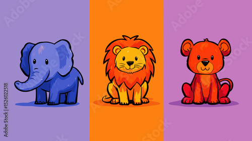 Colorful cartoon animals including an elephant, lion, and monkey against bright backgrounds in a playful setting