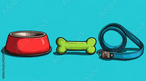 Colorful pet supplies including a red bowl, green toy, and blue leash on a bright blue background