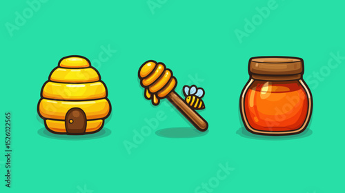 Colorful illustration of beehive, honey dipper, and jar of honey on a bright green background
