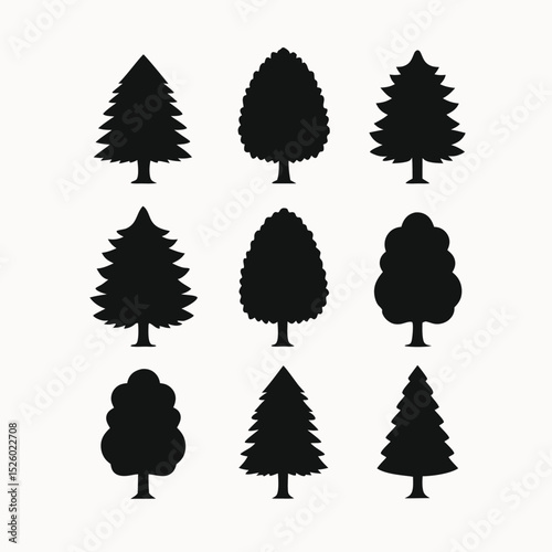 Collection of Nine Simple Tree Silhouettes Perfect for Design Projects