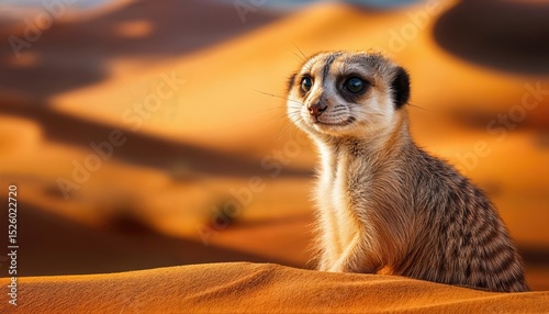 Curious Meerkat Amidst the Sands Striking Desert Portrait Highlighting a Vibrant Mammals Intrigue in a Golden Hour Desert Landscape, Offering a Glimpse into the Lives of these Elegant Creatures.