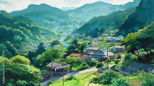 日本の山里に広がるのどかな風景と川のせせらぎ｜緑あふれる自然と古民家のある夏の田舎風景｜水彩タッチで描かれた心癒される郷愁の情景素材｜観光・移住促進向け