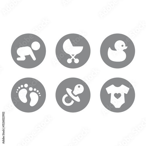 Baby and children goods and gear icon set. Babies store or shop, products vector circle icons.