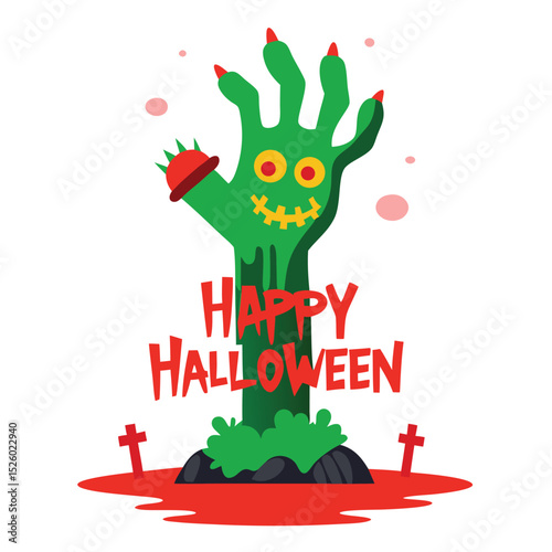 Cartoon Zombie Hand Emerging From Ground With Happy Halloween Text, Tombstones and Spooky Blood