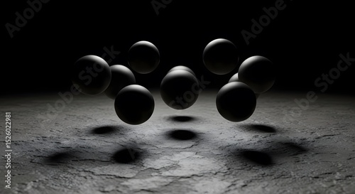 Dark Abstract Sphere Composition: Eight Matte Black Spheres Hovering over a Textured Gray Surface