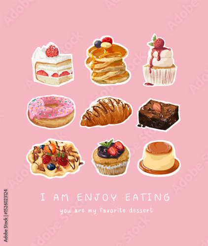 collection of sweet desserts vector illustration on pink background hand drawn - not auto trace	
