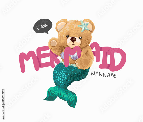 girly cute bear doll in mermaid tail vector illustration hand drawn - not auto trace	
 
