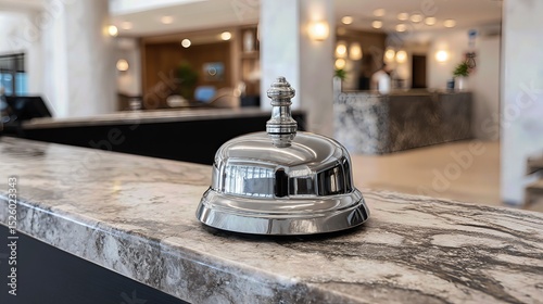 A gleaming chrome service bell rests on a polished marble counter, ready to signal the start of a hospitable stay.
