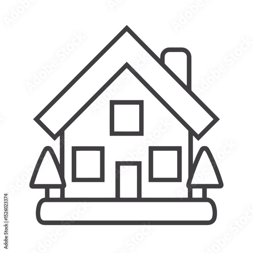 Simple line drawing suburban house with trees