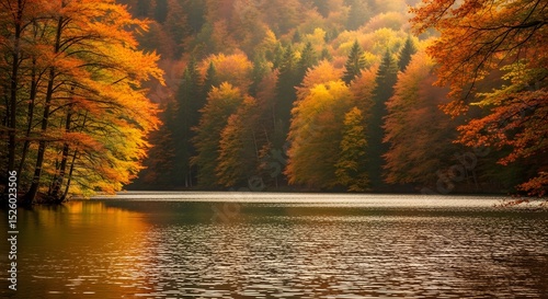 Autumnal Serenity: Golden Lake Surrounded by Colorful Forest