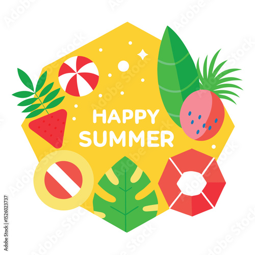 Colorful Happy Summer with Tropical Leaves, Fruits, and Beach Accessories Illustration