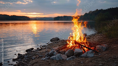 A crackling campfire glows by the lakeshore as the orange sunset paints the sky and water reflects its warm hues.
