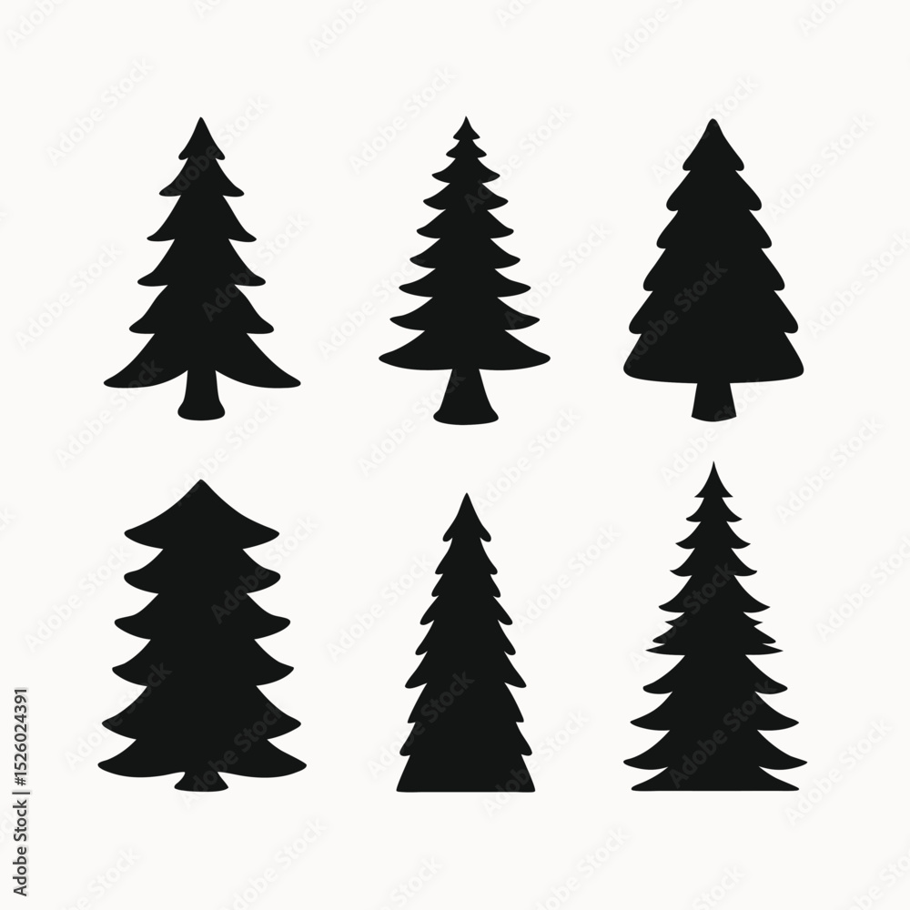Obraz premium Six Silhouette Christmas Trees Vector Graphics for Holiday Designs