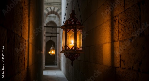 Illuminated Pathway: A Glowing Lantern in a Stone Corridor