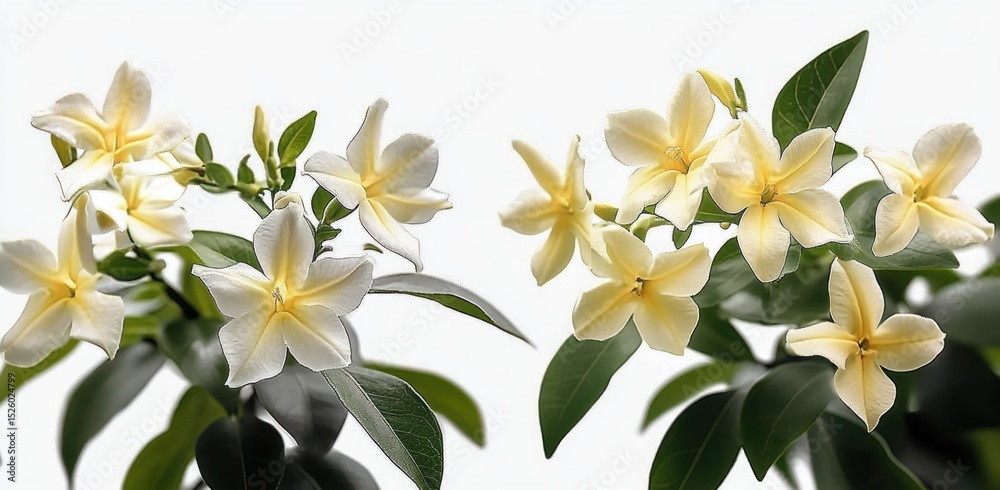 Fototapeta premium Delicate pale yellow and white star-shaped flowers with green leaves on slender branches set against a clean white background