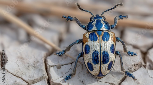 Stunning Blue and White Beetle on Dry Ground photo