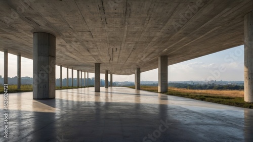Modern Concrete Gray Building Structure with Open View. Minimalistic Urban Architecture City