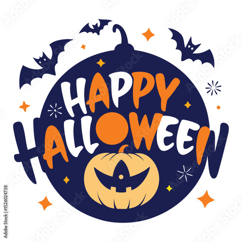 Festive Happy Halloween Circle with Bats, Pumpkin and Stars Illustration