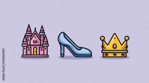 Elements of a fairy tale featuring a castle, high heel, and crown in vibrant colors against a purple background