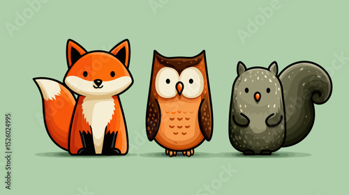 Colorful woodland animals gather together in a playful arrangement, showcasing a fox, an owl, and a squirrel