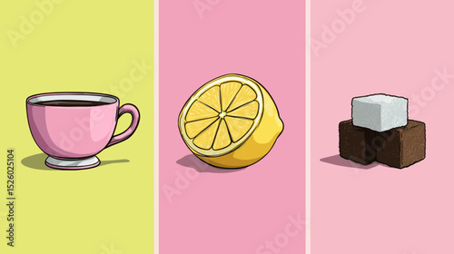 Colorful cup and fresh lemon with sugar cubes showcasing a delightful beverage composition in a bright setting