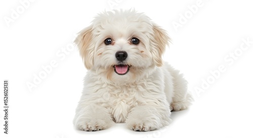 Adorable White Fluffy Puppy Lying Down on White Background