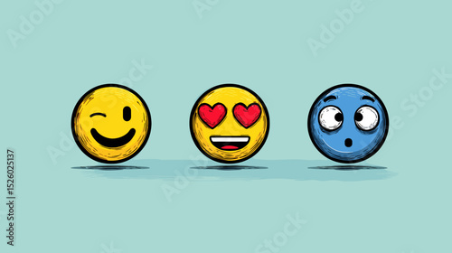 Different emojis expressing emotions on a light blue background, showcasing happiness, love, and surprise