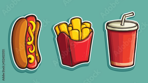 Colorful illustration of classic fast food items including a hot dog, fries, and a soft drink on a vibrant background
