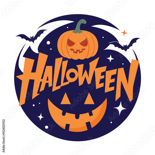 Halloween Design with Pumpkin Faces, Bats, and Stars against a Dark Blue Circle