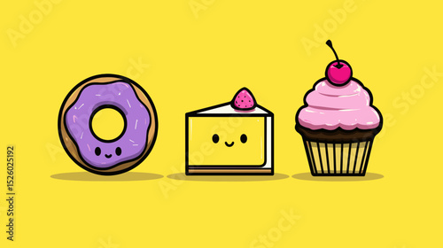 Cute cartoon desserts including a donut, cake slice, and cupcake with bright yellow background for a fun and cheerful vibe